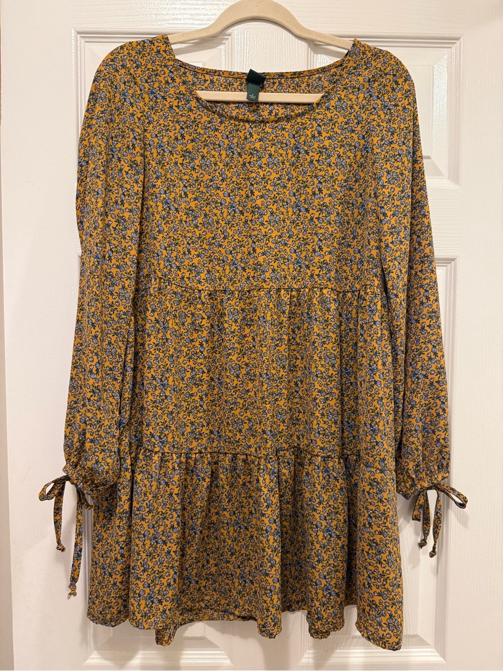 Wild Fable Mustard and Blue Floral Tiered Long-Sleeve Dress